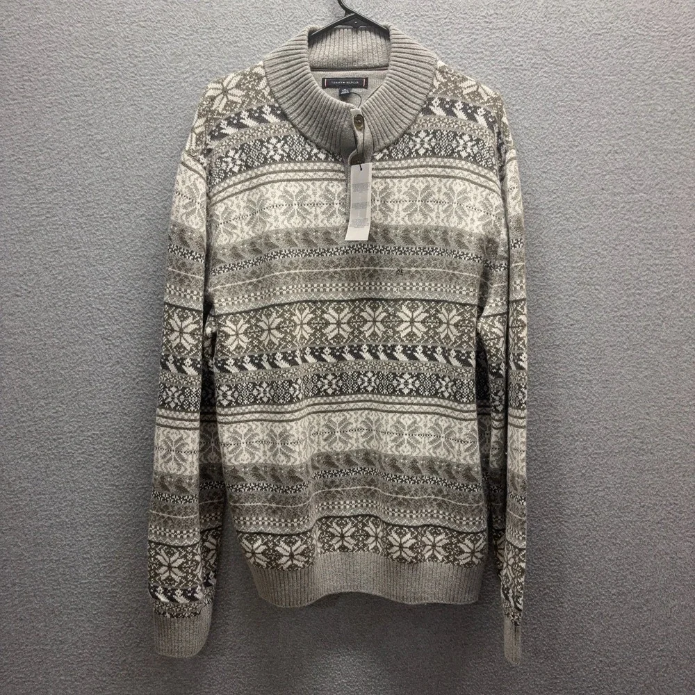 Tommy Hilfiger Sweater Mens XL Gray Pullover Mock Neck Long Sleeve Fair Isle New